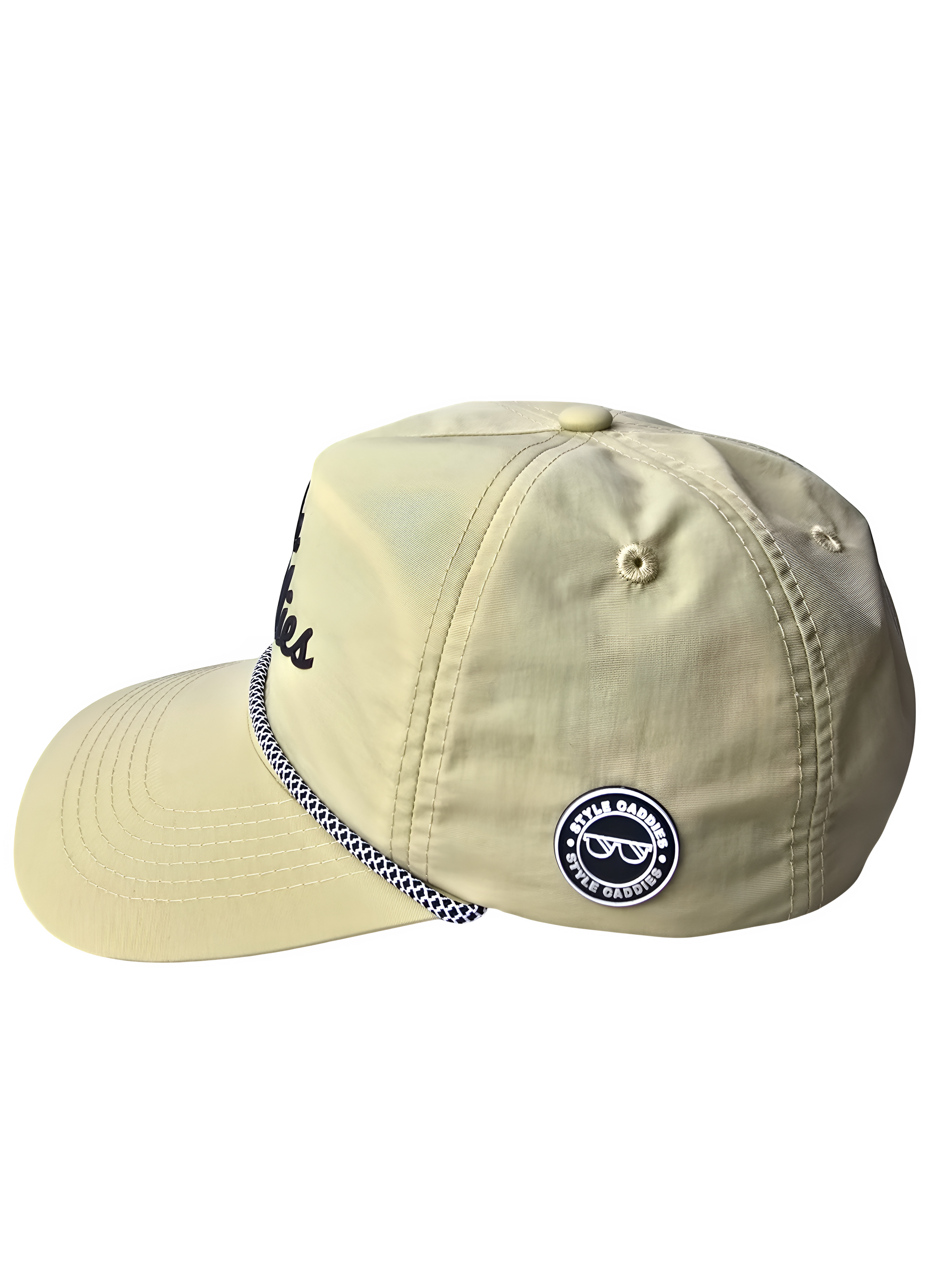 tan nylon golf had with black and white rope and style caddies signature