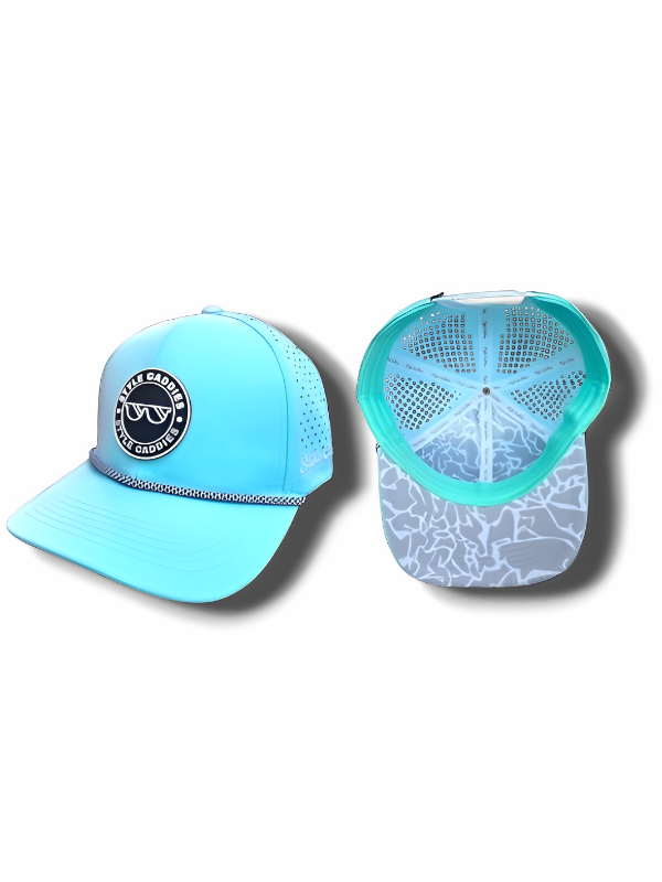 blue hat with light cement pattern underneath and snapback