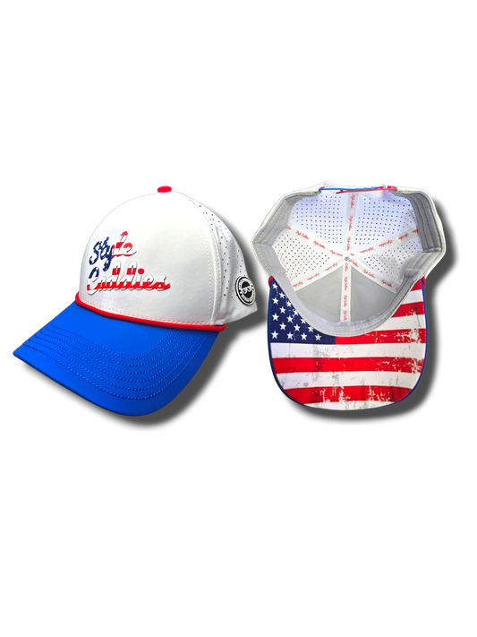 golf rope hat with American flag design on a white background