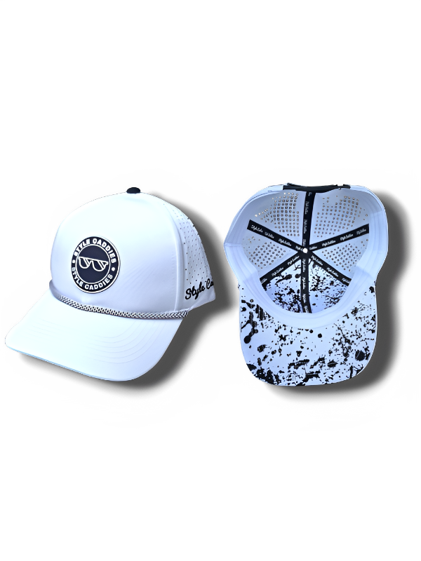 white rope hat with splat underneath snapback